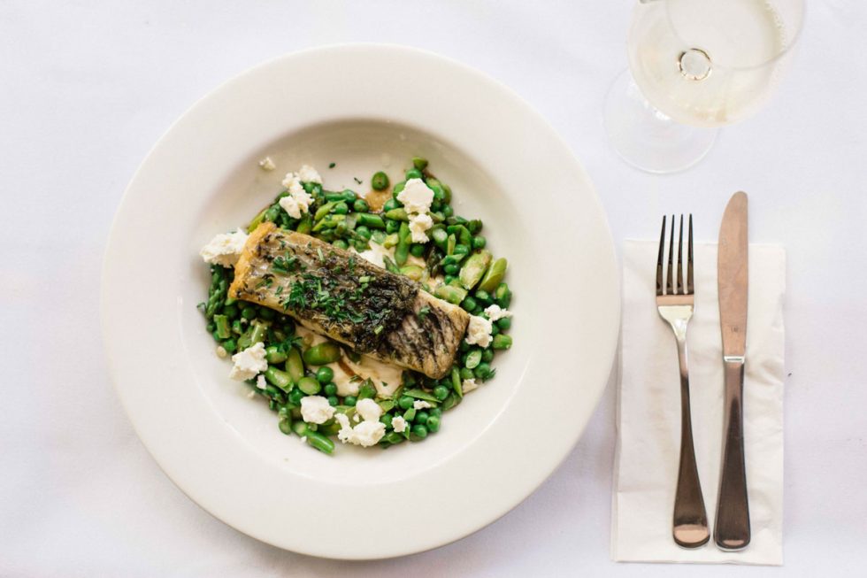 Pan fried barramundi with yoghurt, peas and asparagus Great
