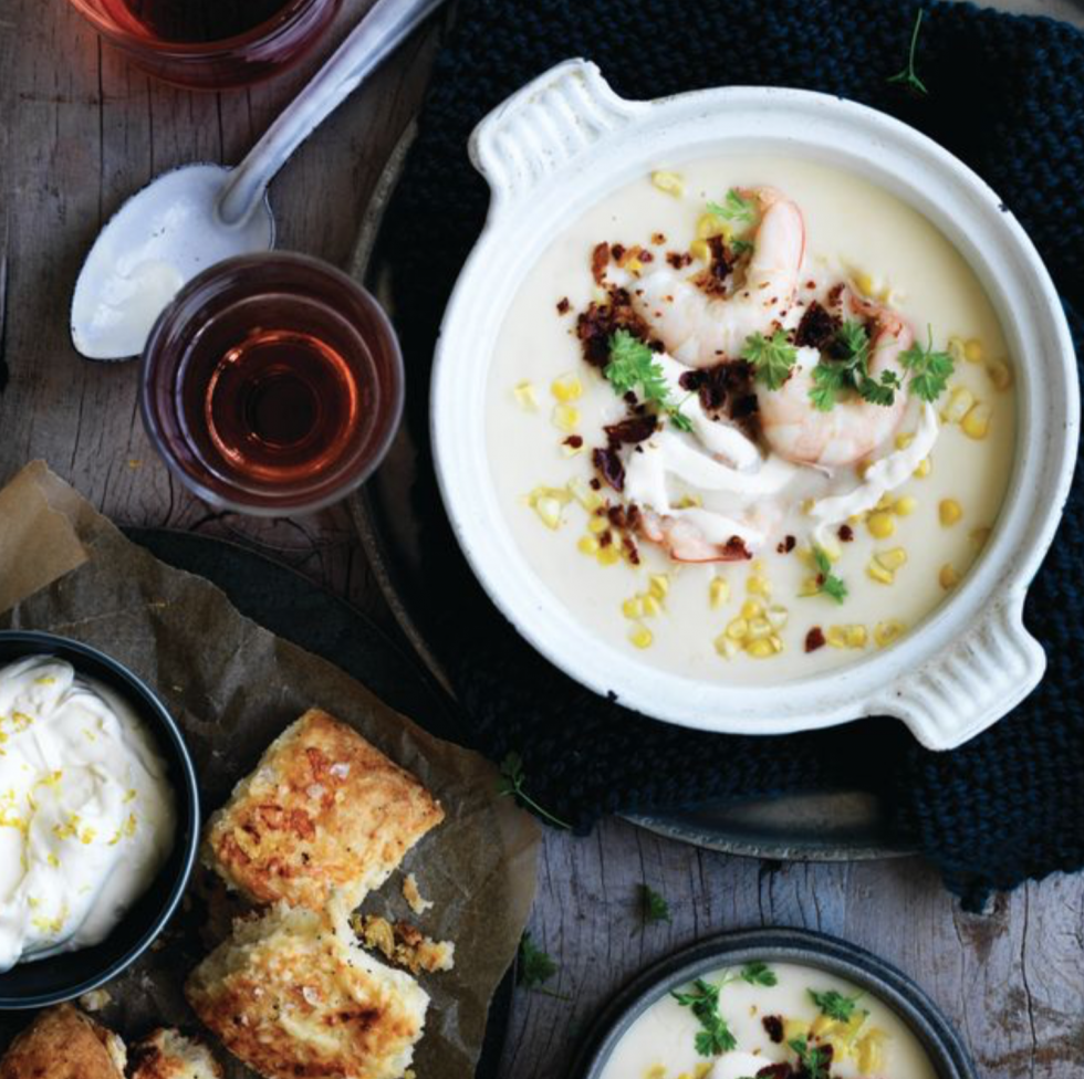 Australian prawn & sweet corn chowder with cheddar scones Great